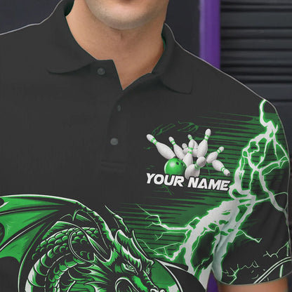 Custom Black And Green Thunder Lightning Dragon Bowling  Polo Shirts For Men, Bowlers Outfits IPHW8665