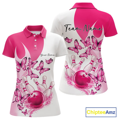 Front and back view of a women s white and pink bowling polo shirt mockup featuring butterfly artwork and bowling-themed graphics.