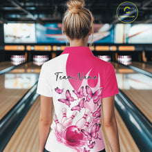 Load image into Gallery viewer, Custom White And Pink Butterfly Women Bowling Polo Shirts, Ladies Bowling League Shirt IPHW11336