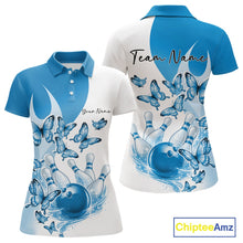Load image into Gallery viewer, Front and back mockup of a womens white and blue bowling polo featuring butterfly graphics and colorful bowling artwork