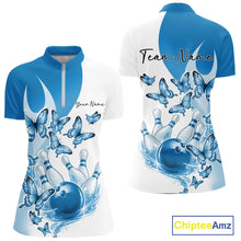 Load image into Gallery viewer, Front and back mockup of a womens white and blue bowling quarter zip with butterfly artwork and bowling-themed graphics