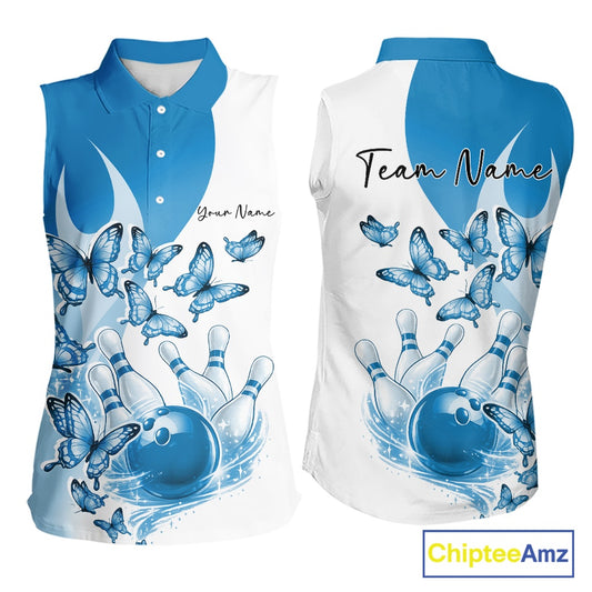 Front and back mockup of a womens white and blue sleeveless bowling shirt showcasing butterfly graphics and bowling artwork