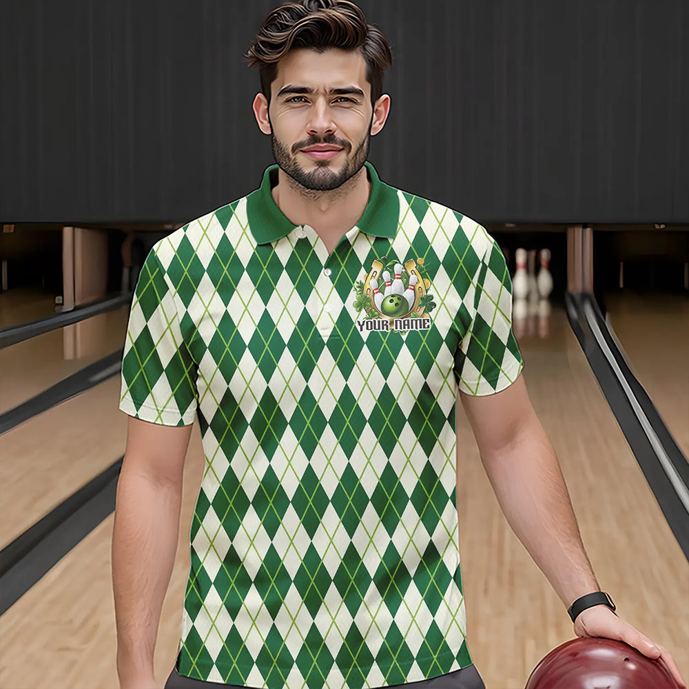 Custom St Patricks Day Argyle Bowling Polo Shirts For Men, Saint Paddys Day Team Outfits IPHW8682