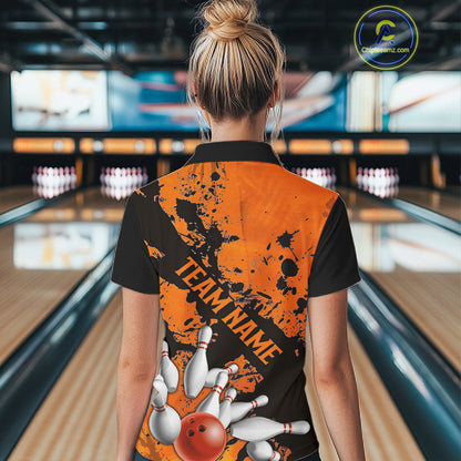 Split Happens Funny Orange Strike Bowling Women Polo Shirts For Team, Bowling Apparel IPHW6171