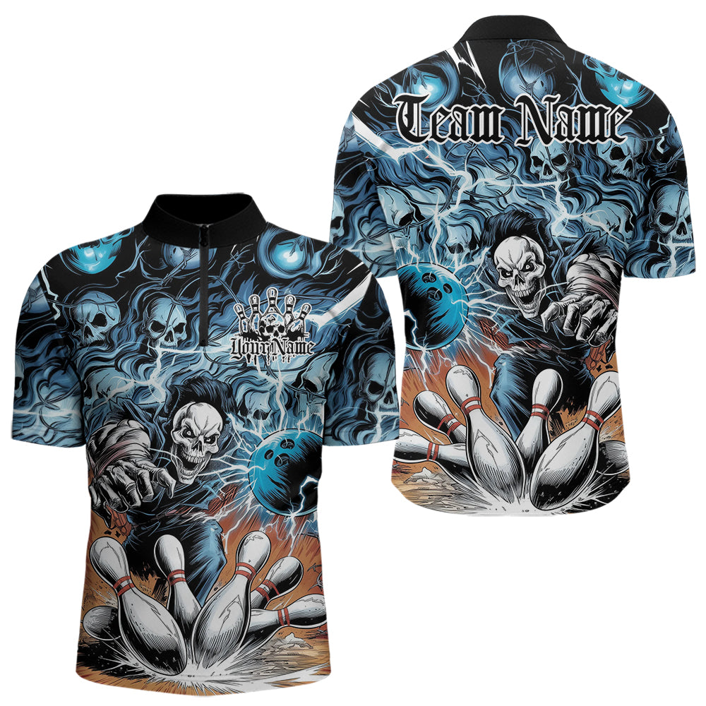 Custom Rock Style Skull Bowling Quarter-Zip Shirts For Men, Funny Skeleton Bowlers Outfit IPHW8934