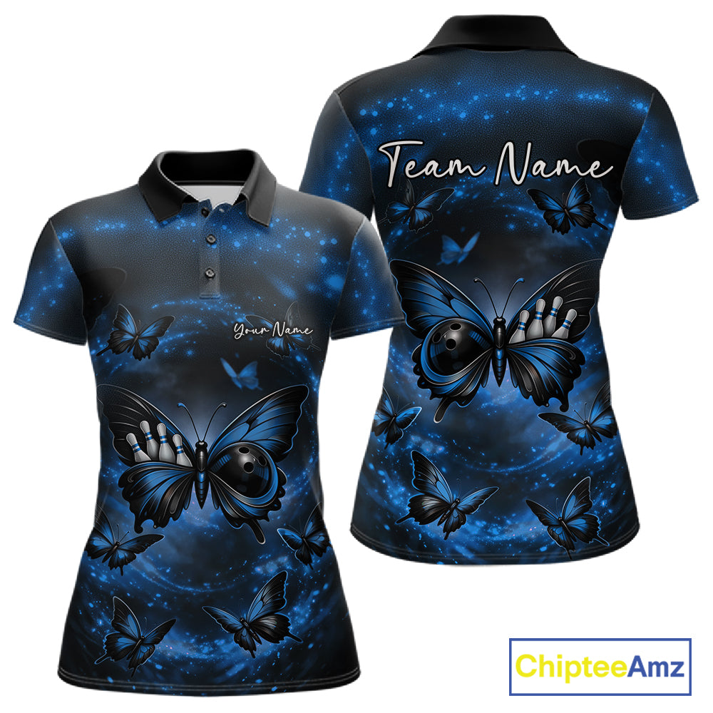 Front and back view of a women’s bowling polo shirt featuring a blue and black butterfly with a bowling ball body and smoky graphics.