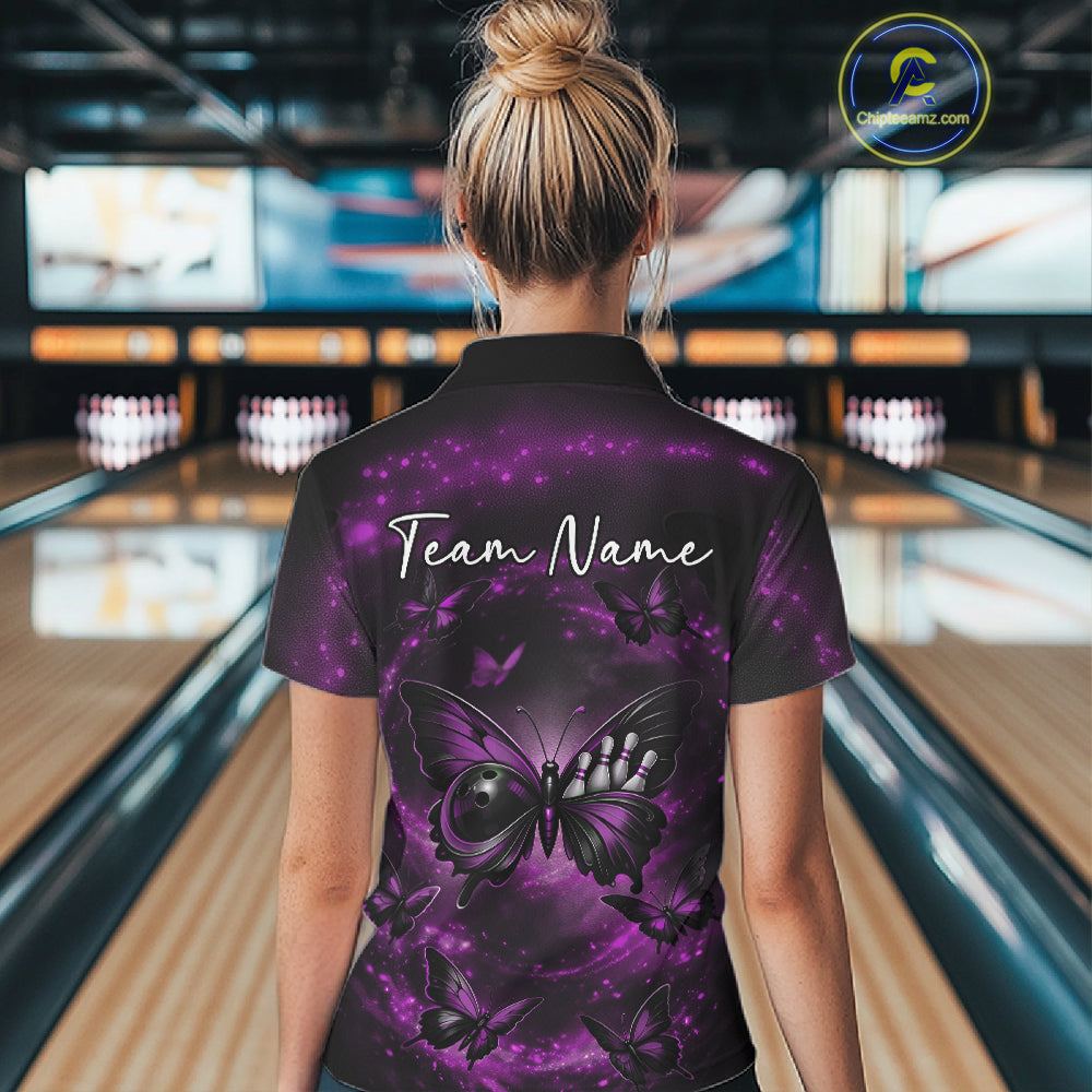 Back view of a female model wearing a bowling polo shirt with a purple and black butterfly motif and smoky background accents.