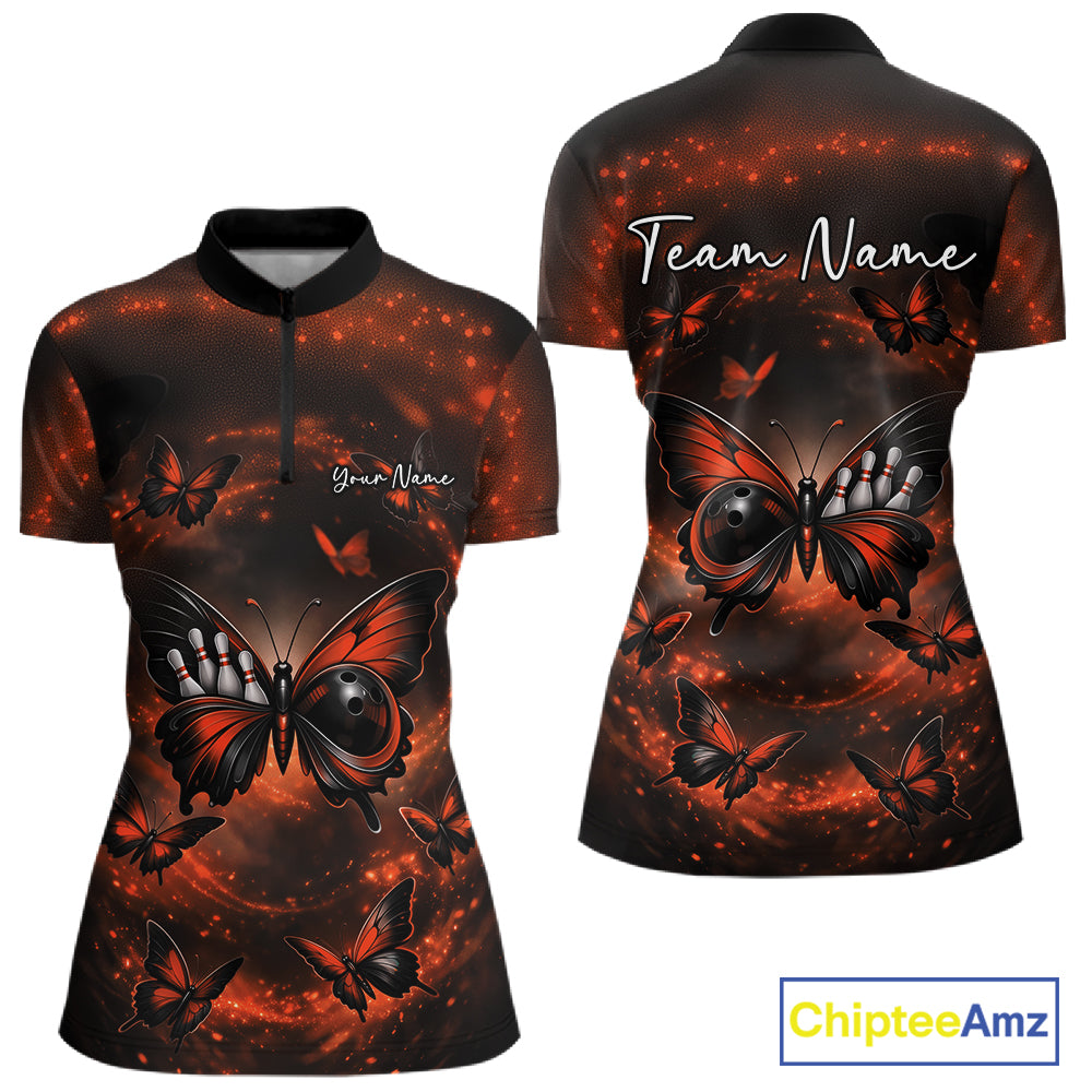 Front and back view of a women’s bowling quarter-zip shirt showcasing an orange and black butterfly with a bowling ball body against a smoky backdrop.