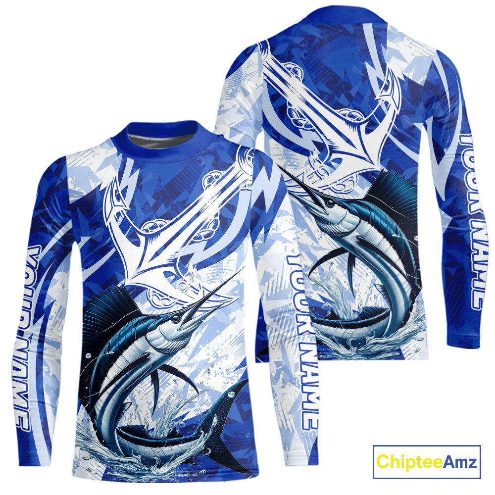 Blue Camo Anchor Custom Sailfish Saltwater Kid Long Sleeve Performance Fishing Shirts IPHW9181