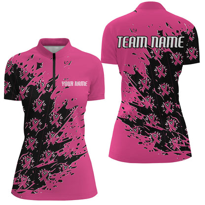 Black And Pink Custom Breast Cancer Awareness Bowling Jerseys, Bowling Shirts For Women IPHW7008