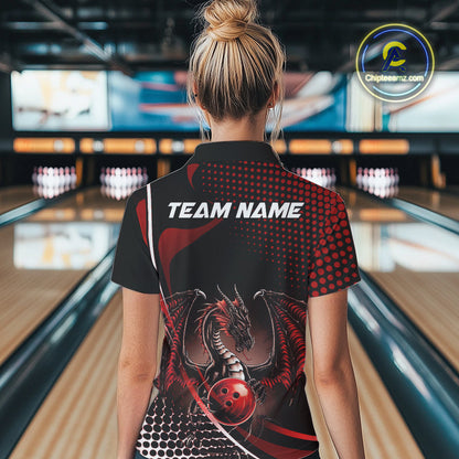 Custom Blue Dragon Bowling Jerseys, Mystical Bowling Team Uniform Polo Shirts For Women IPHW9537