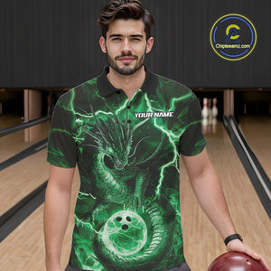 Custom Green Thunder Lightning Dragon Bowling Polo Shirts For Men, Team Uniform IPHW9759