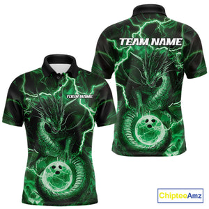 Custom Green Thunder Lightning Dragon Bowling Polo Shirts For Men, Team Uniform IPHW9759