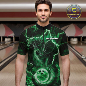 Custom Green Thunder Lightning Dragon Bowling Quarter-Zip Shirts For Men, Team Uniform IPHW9759