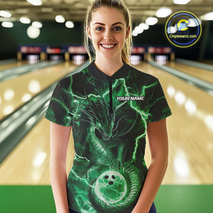 Custom Green Thunder Lightning Dragon Bowling Quarter-Zip Shirts For Women, Team Uniform IPHW9759
