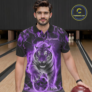 Custom Purple Flame Tiger Bowling Polo Shirts For Men, Tiger Bowling Team Shirt IPHW9761