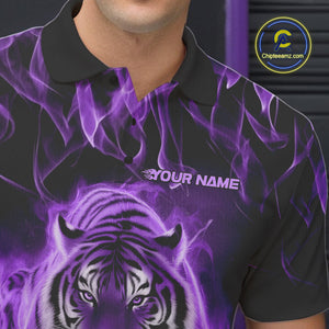 Custom Purple Flame Tiger Bowling Polo Shirts For Men, Tiger Bowling Team Shirt IPHW9761