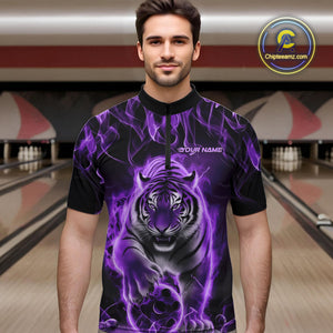 Custom Purple Flame Tiger Bowling Quarter-Zip Shirts For Men, Tiger Bowling Team Shirt IPHW9761