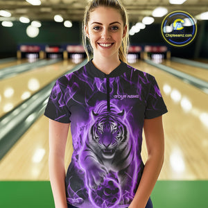 Custom Purple Flame Tiger Bowling Quarter-Zip Shirts For Women, Tiger Bowling Team Shirt IPHW9761
