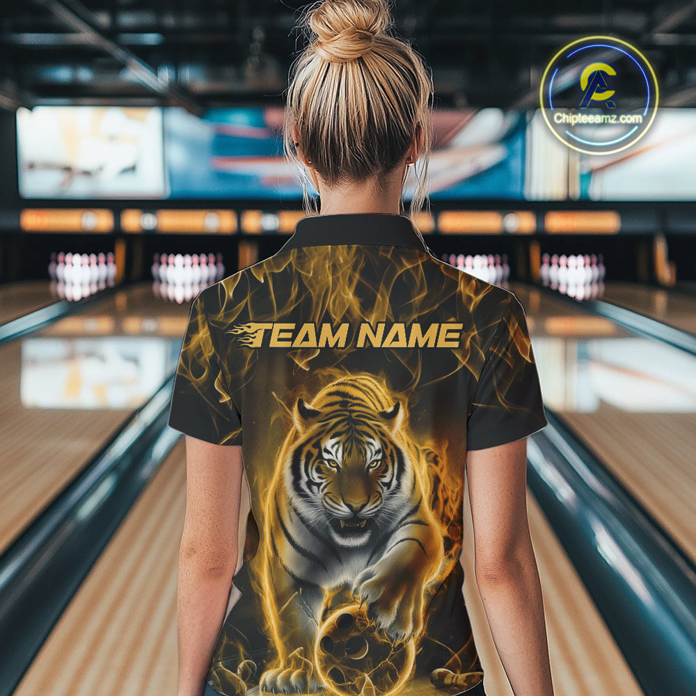 Custom Yellow Flame Tiger Bowling Polo Shirts For Women, Tiger Bowling Team Shirt IPHW9763