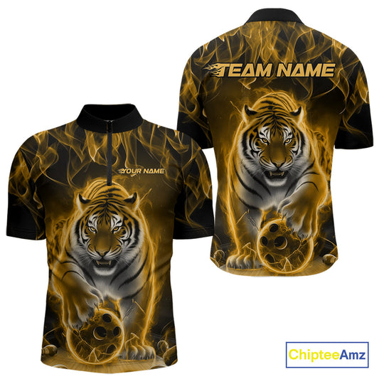 Custom Yellow Flame Tiger Bowling Quarter-Zip Shirts For Men, Tiger Bowling Team Shirt IPHW9763