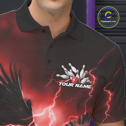 Custom Red Thunder Lightning Eagle Bowling Men Polo Shirts, Eagle Bowling Team Jerseys IPHW10147