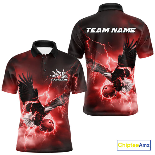 Custom Red Thunder Lightning Eagle Bowling Men Polo Shirts, Eagle Bowling Team Jerseys IPHW10147