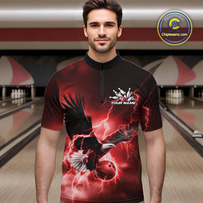 Custom Red Thunder Lightning Eagle Bowling Men Quarter-Zip Shirts, Eagle Bowling Team Jerseys IPHW10147