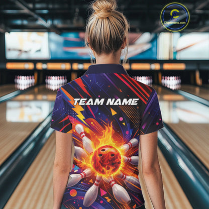 Custom Colorful Fire Flame Bowling Team Women Polo Shirt, Bowling League Shirt IPHW10297