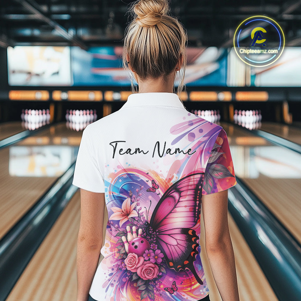 Custom Colorful Butterfly And Roses Flowers Bowling Women Polo Shirts With Name IPHW10298