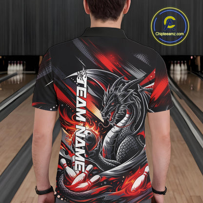 Personalized Black And Red Dragon Bowling Team Jerseys, Dragon Bowling Polo Shirt IPHW10299