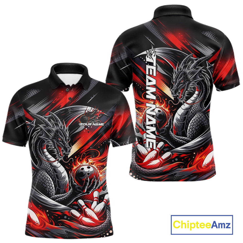 Personalized Black And Red Dragon Bowling Team Jerseys, Dragon Bowling Polo Shirt IPHW10299