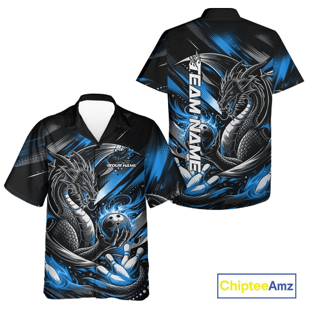 Personalized Black And Blue Dragon Bowling Team Jerseys, Dragon Bowling Hawaiian Shirt IPHW10300