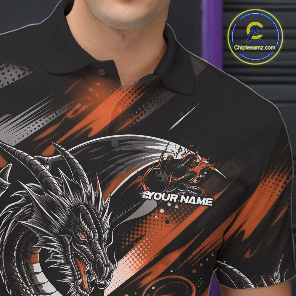 Personalized Black And Orange Dragon Bowling Team Jerseys, Dragon Bowling Polo Shirt IPHW10301
