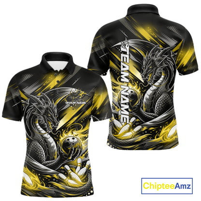 Personalized Black And Yellow Dragon Bowling Team Jerseys, Dragon Bowling Polo Shirt IPHW10302