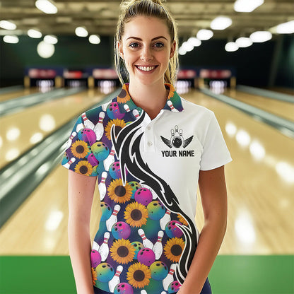 Custom Sunflower Bowling Pattern Polo Shirts For Women, Sunflower Bowling Team Shirts IPHW8441