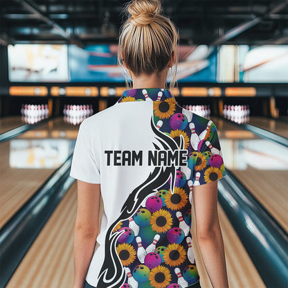 Custom Sunflower Bowling Pattern Polo Shirts For Women, Sunflower Bowling Team Shirts IPHW8441