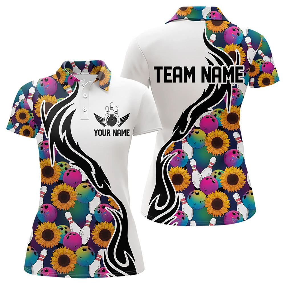 Custom Sunflower Bowling Pattern Polo Shirts For Women, Sunflower Bowling Team Shirts IPHW8441