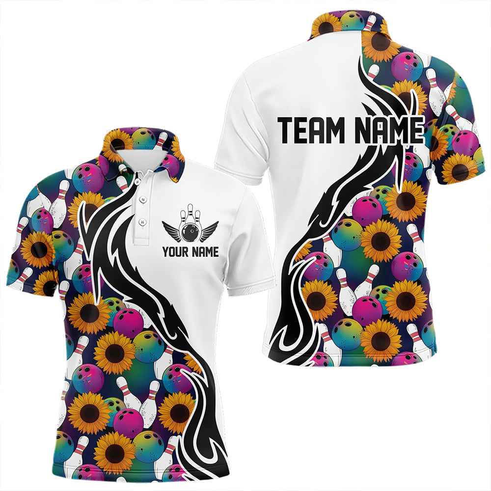 Custom Sunflower Bowling Pattern Polo Shirts For Men, Sunflower Bowling Team Shirts IPHW8441