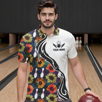 Custom Sunflower Bowling Pattern Polo Shirts For Men, Sunflower Bowling Team Shirts IPHW8442