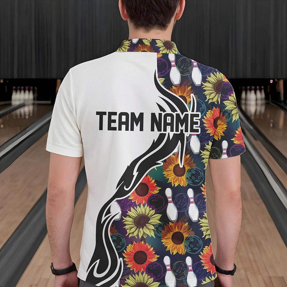 Custom Sunflower Bowling Pattern Polo Shirts For Men, Sunflower Bowling Team Shirts IPHW8442