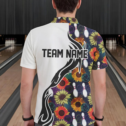 Custom Sunflower Bowling Pattern Polo Shirts For Men, Sunflower Bowling Team Shirts IPHW8442