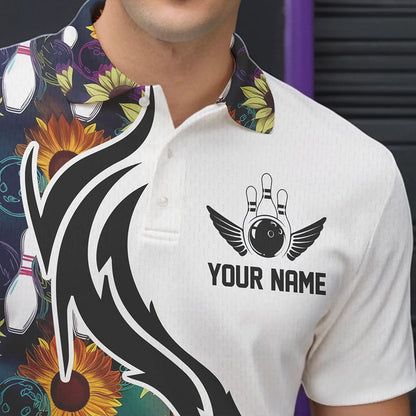 Custom Sunflower Bowling Pattern Polo Shirts For Men, Sunflower Bowling Team Shirts IPHW8442