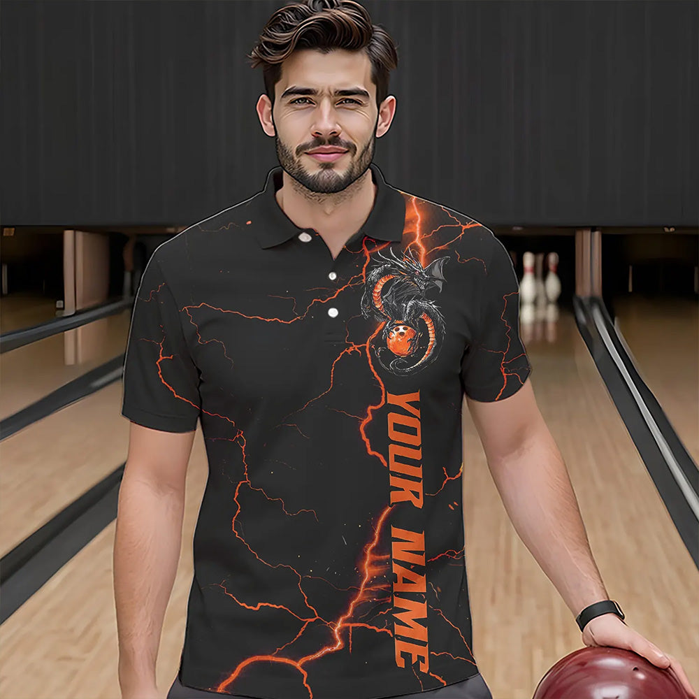 Black And Red Custom Dragon Bowling Polo Shirts For Men, Dragon Bowling League Shirts Outfits IPHW8686