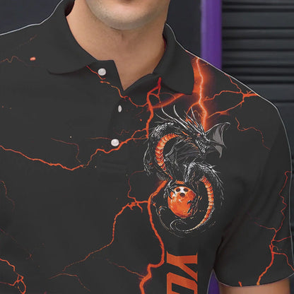 Black And Red Custom Dragon Bowling Polo Shirts For Men, Dragon Bowling League Shirts Outfits IPHW8686