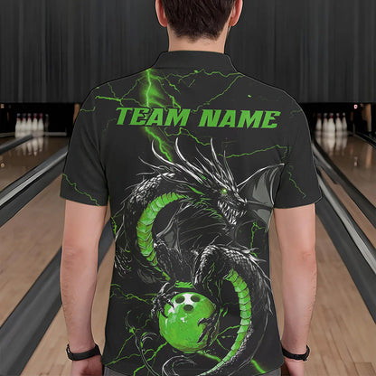 Black And Green Custom Dragon Bowling Polo Shirts For Men, Dragon Bowling League Shirts IPHW8689