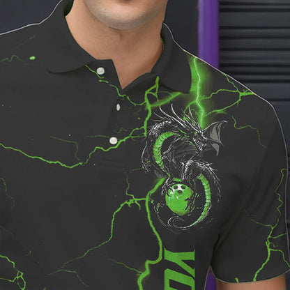 Black And Green Custom Dragon Bowling Polo Shirts For Men, Dragon Bowling League Shirts IPHW8689