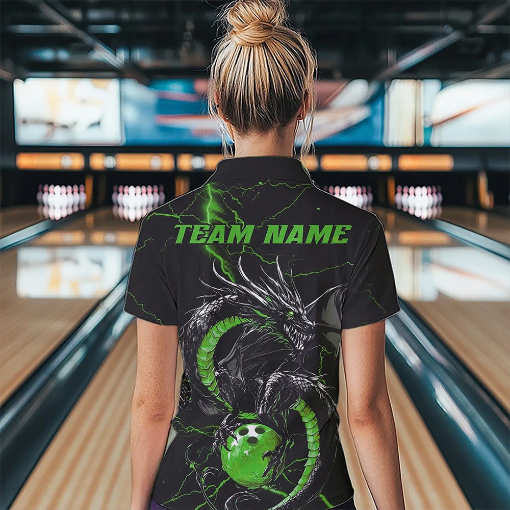 Black And Green Custom Dragon Bowling Polo Shirts For Women, Dragon Bowling League Shirts IPHW8689