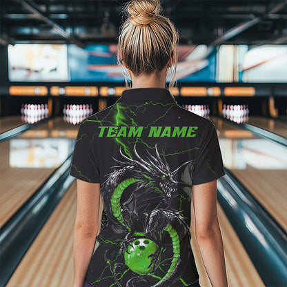 Black And Green Custom Dragon Bowling Polo Shirts For Women, Dragon Bowling League Shirts IPHW8689