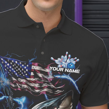 Custom Blue Lightning Patriotic Shark Bowling Team Men Polo Shirts, US Flag Bowling Shirt IPHW8942